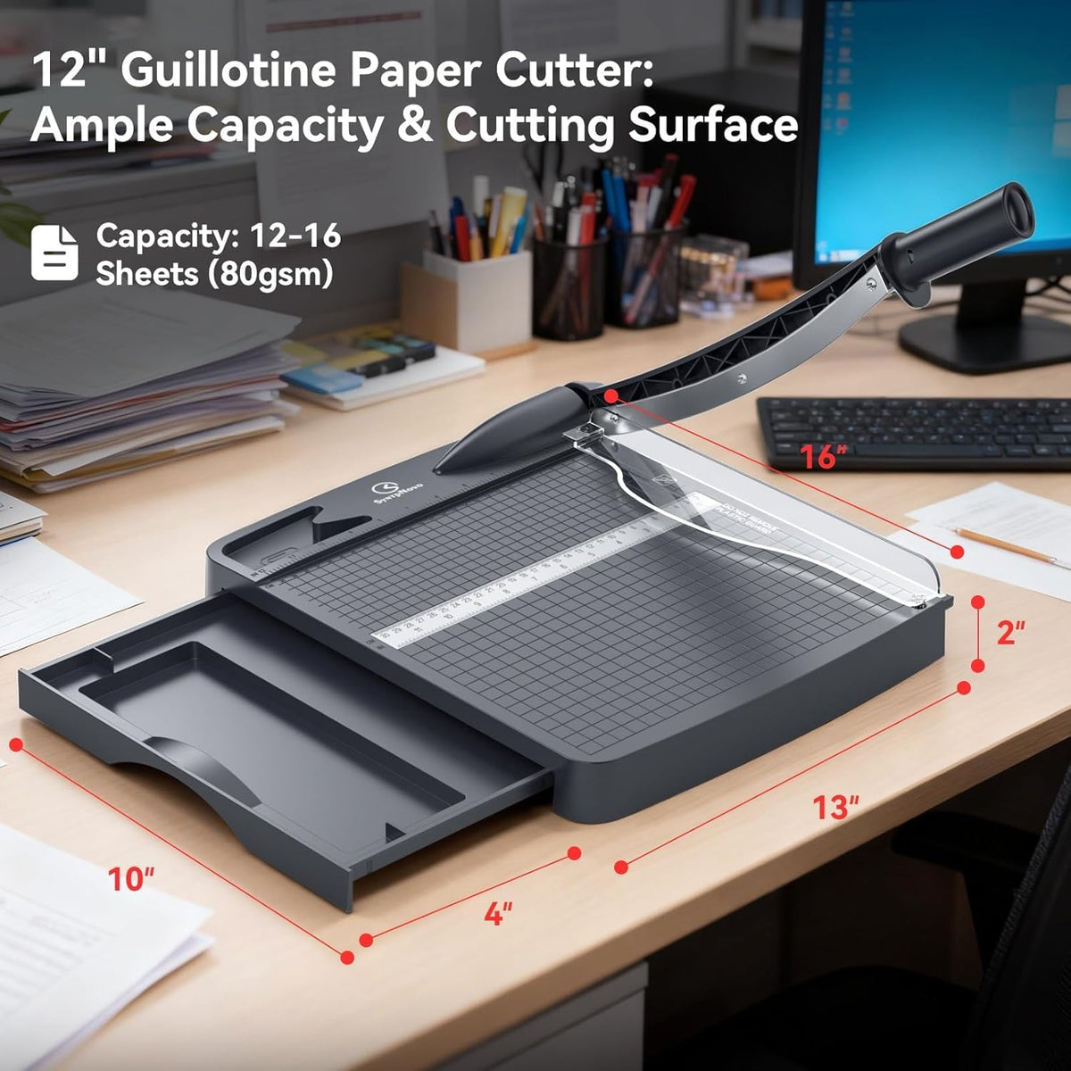 12 Inch Heavy Duty Paper Cutter, 12-16 Sheets Capacity Guillotine Paper Cutter & Paper Trimmer, Paper Cutting Board for Classroom, Crafting, Cardstock Gray
