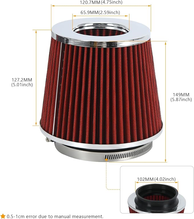 PTNHZ Universal Red 4" 102mm High Flow Cold Air Intake Cone Air Filter Power