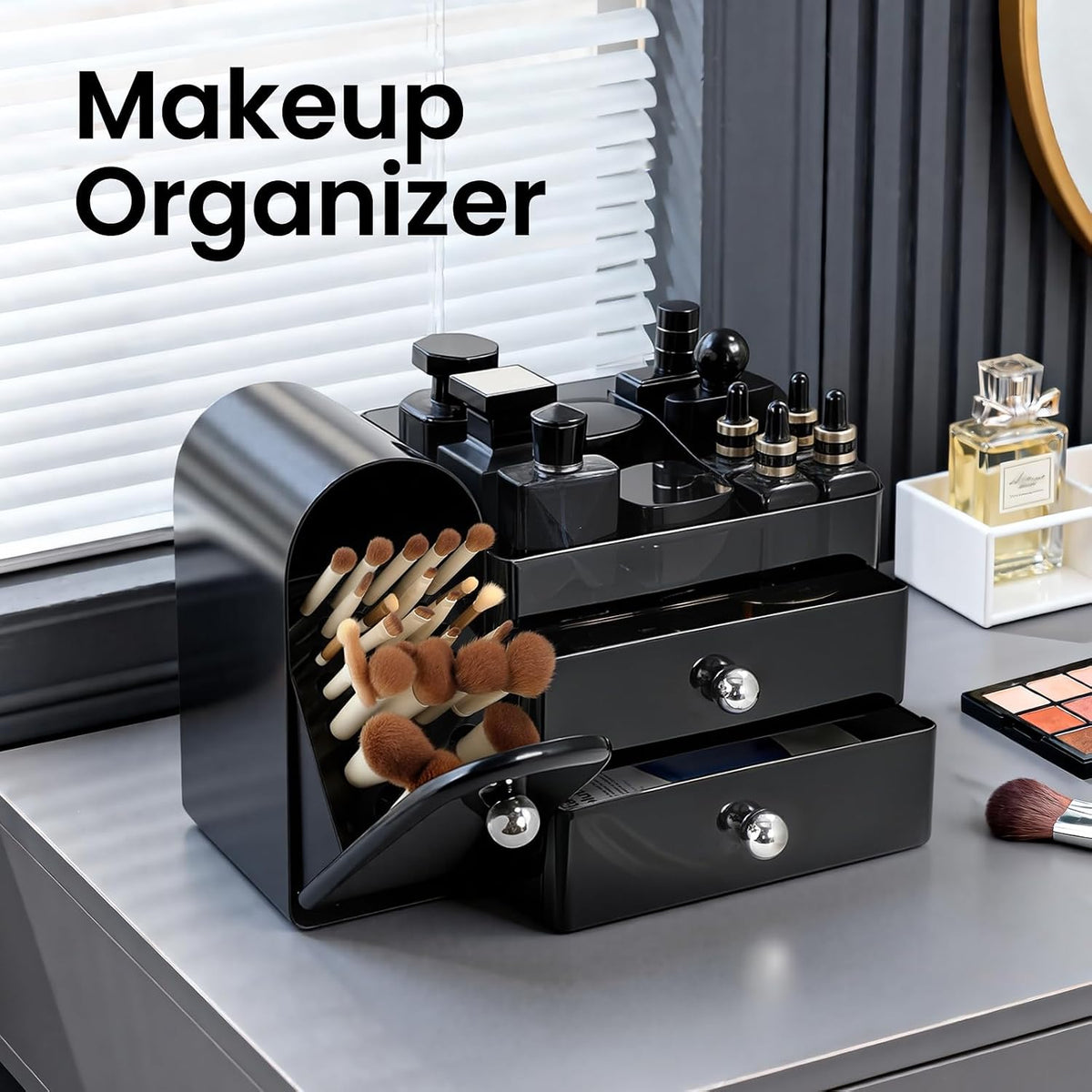 Makeup Organizer Countertop with Makeup Brush Holder,Black
