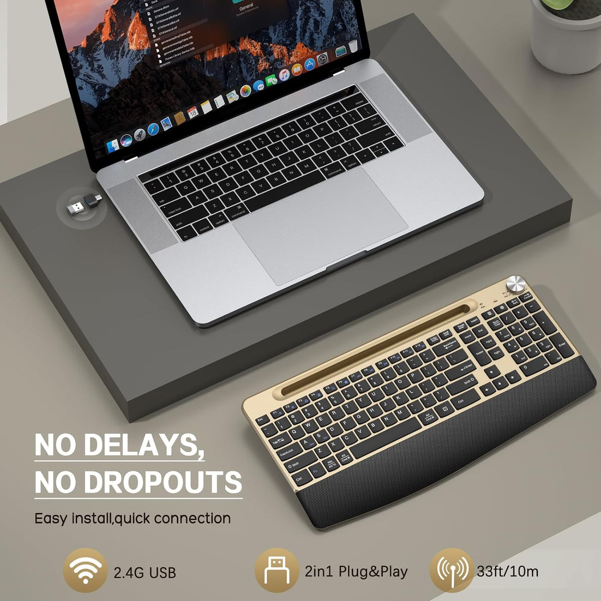 GAMCATZ Ergonomic Wireless Keyboard with Wrist Rest-Low-Profile,Phone/Tablet Holder,Quiet Design，Windows & Mac OS，Full Size Cordless USB Computer Keyboard for Desktop,Laptop, PC, Mac, Windows-Black