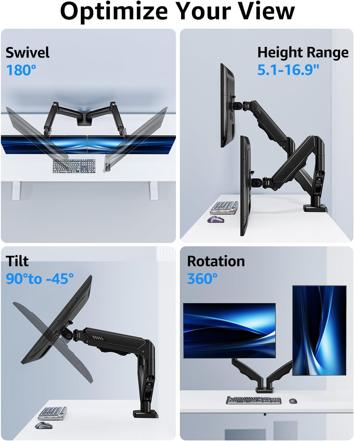 Dual Monitor Stand fits up to 32 inch, 4.4-19.8 lbs Computer Screens, Dual Monitor Desk Mount Height Adjustable, Monitor Arms for 2 Monitors, Home Office VESA Mounts, Freelift Black