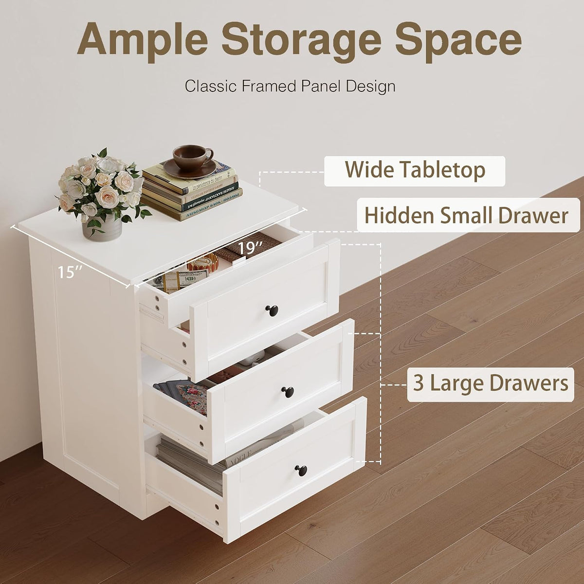 wanan Dresser for Bedroom Set of 2, White Modern 19'' Wide Wood Chest of Drawers with Hidden Drawer, Storage Organizer with Smooth Metal Rails & Anti-Tip Kit Living Room