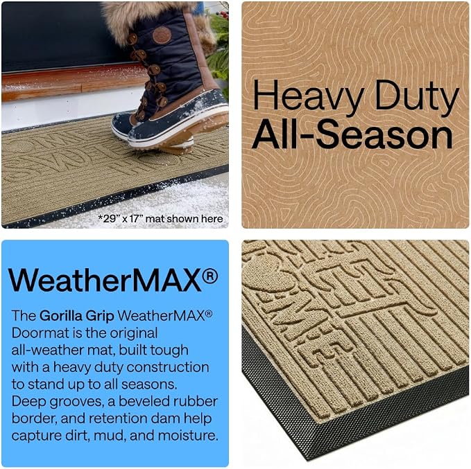 GORILLA GRIP 100% Waterproof All-Season WeatherMAX Doormat, US Designed Natural