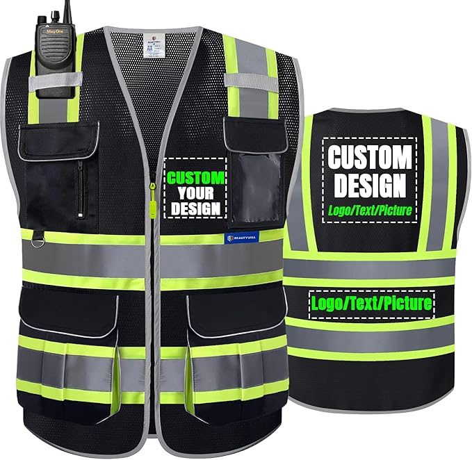 BeautyWill Safety Vest Class2 ANSI Certified Custom Logo High Visibility Reflective Vest for Men -10 Pockets Personalized Logo Heavy-Duty Work Vest（Mesh Black，4XL）