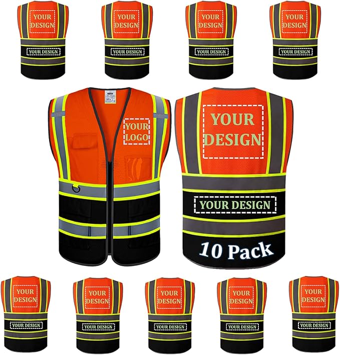 10 Pack Custom Safety Vest Customized Logo Mesh Vest Class 2 High Visibility Reflective Vest with Pockets Workwear（Orange Black，L ）