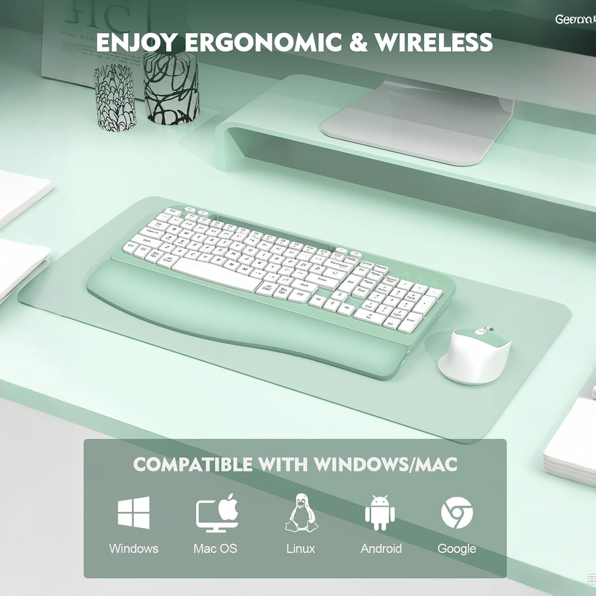 Wireless Keyboard and Mouse Combo, Full-Sized Ergonomic Wave Keys Keyboard with Memory Foam Wrist Rest & Phone Holder, 2.4G Quiet Keyboard Mouse Work Setup for PC Laptop, Office or Home (Mint Green)