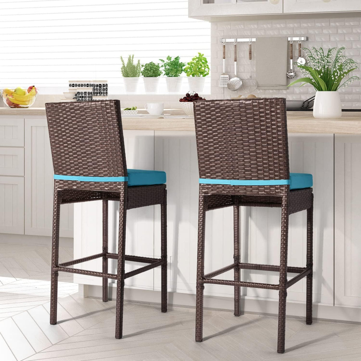 Outdoor Patio Stools & Bar Chairs Set of 2 Wicker Woven Outdoor Bar Stools Bar Height Chairs High Back with Footrest Armless Cushion Blue All Weather Patio Seating for Garden Pool Lawn Backyard