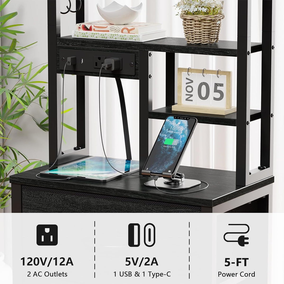 Furnulem Black Nightstand with Bookshelf, Tall Bedside Table & Night Stand