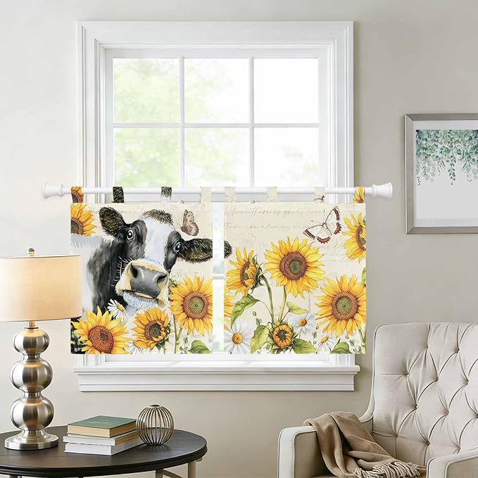 Yellow Sunflowers Kitchen Curtains 24 Inch Length, Small Window Curtains Tab Top