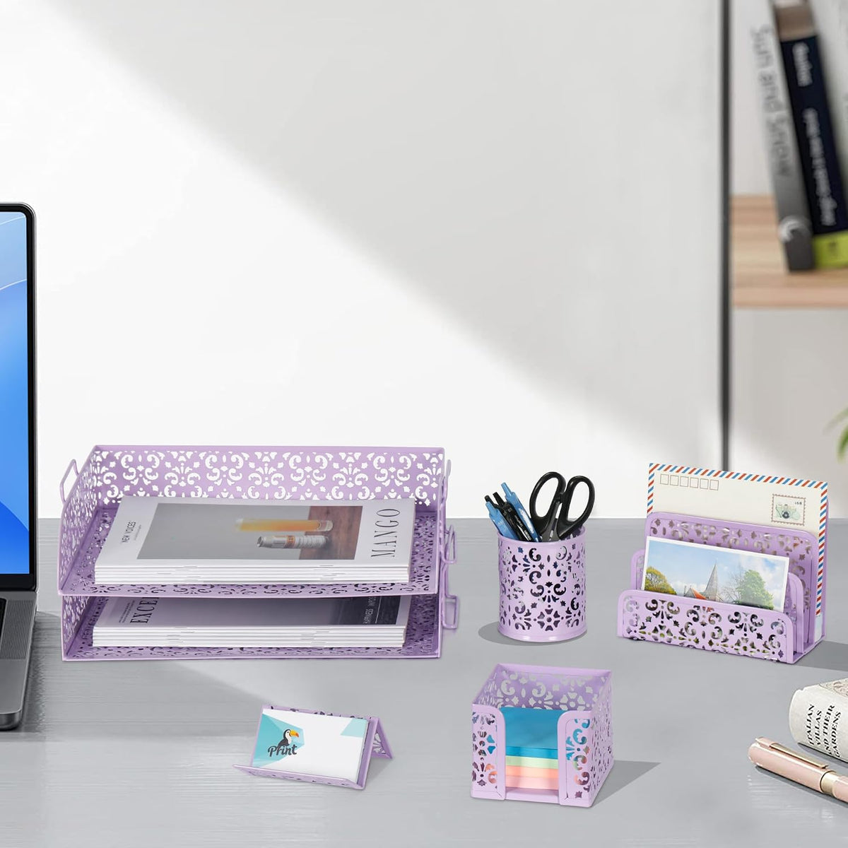 EasyPAG Desk Organizers and Accessories 5 Pieces Office Supplies Set - 2 Tier Paper Tray, Pencil Organizer for Desk, Mail Sorter Countertop, Business Card Holder and Sticky Note Holder, Purple