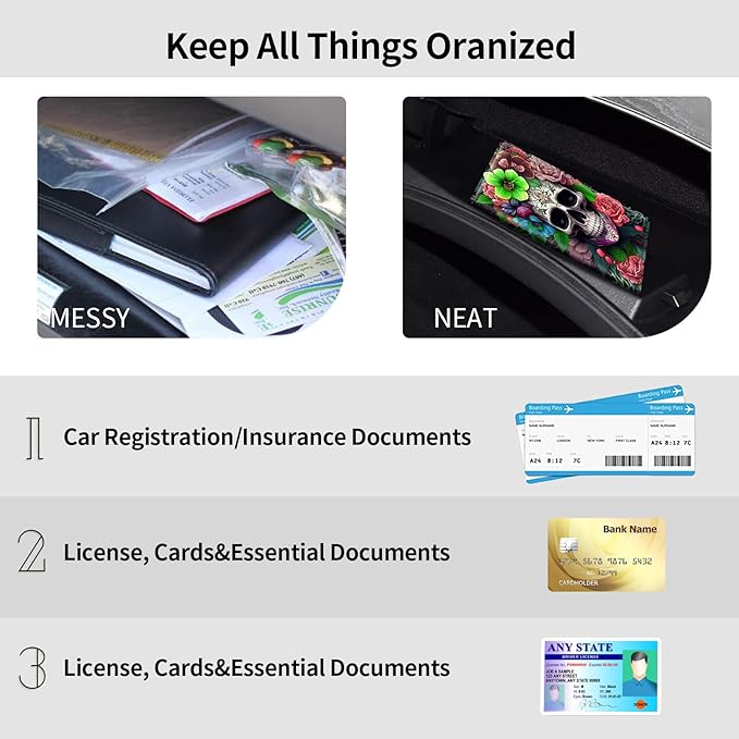 Car Registration and Insurance Holder, Leather Car Glove Box Organizer, Cool Car Accessories for ID, Driver's License Cards & Essential Document,business cards,Men&WomenSkull Pink Rose Flower
