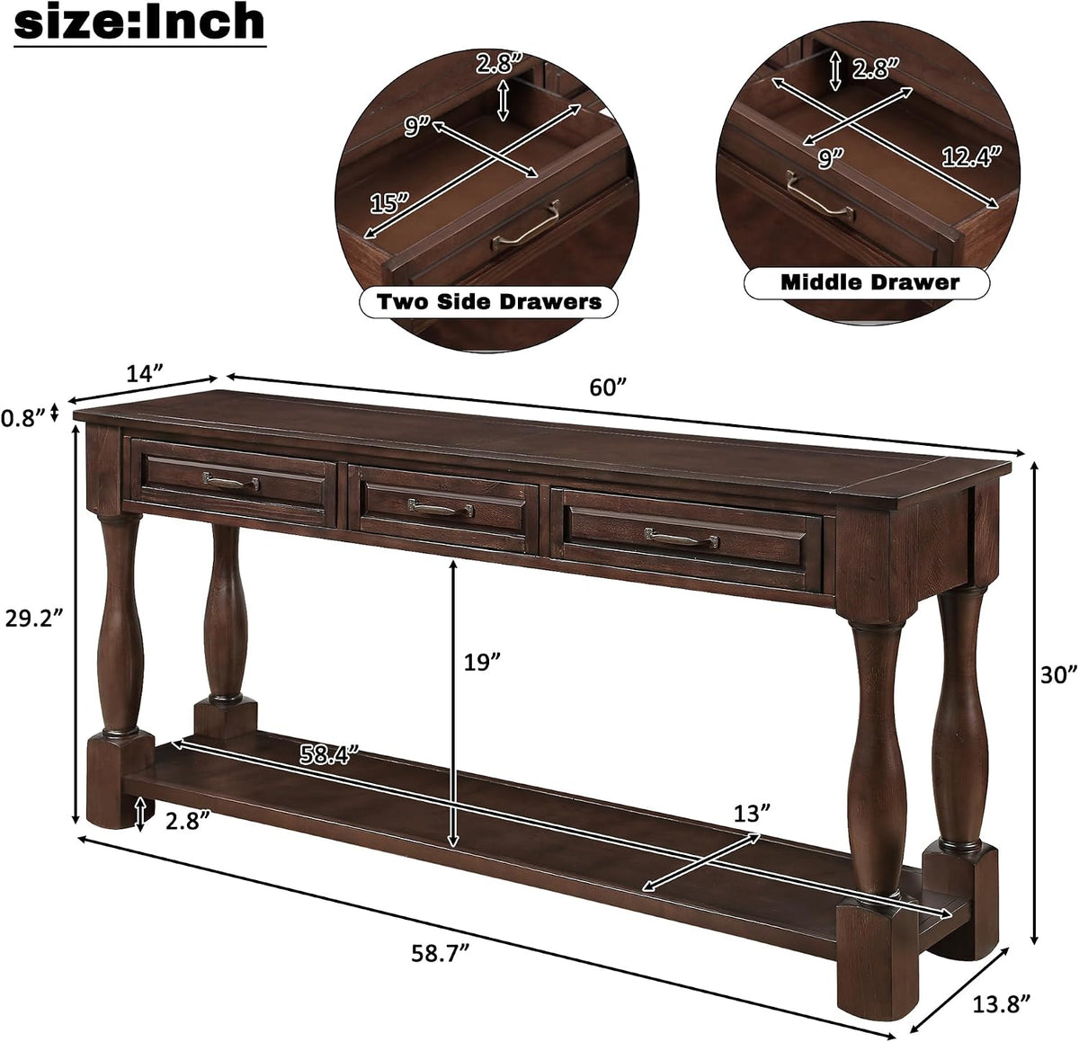 60inch Solid Wood Console Table with 3 Drawers and 1 Bottom Shelf Extra-Thick Sofa Table(Light Espresso)