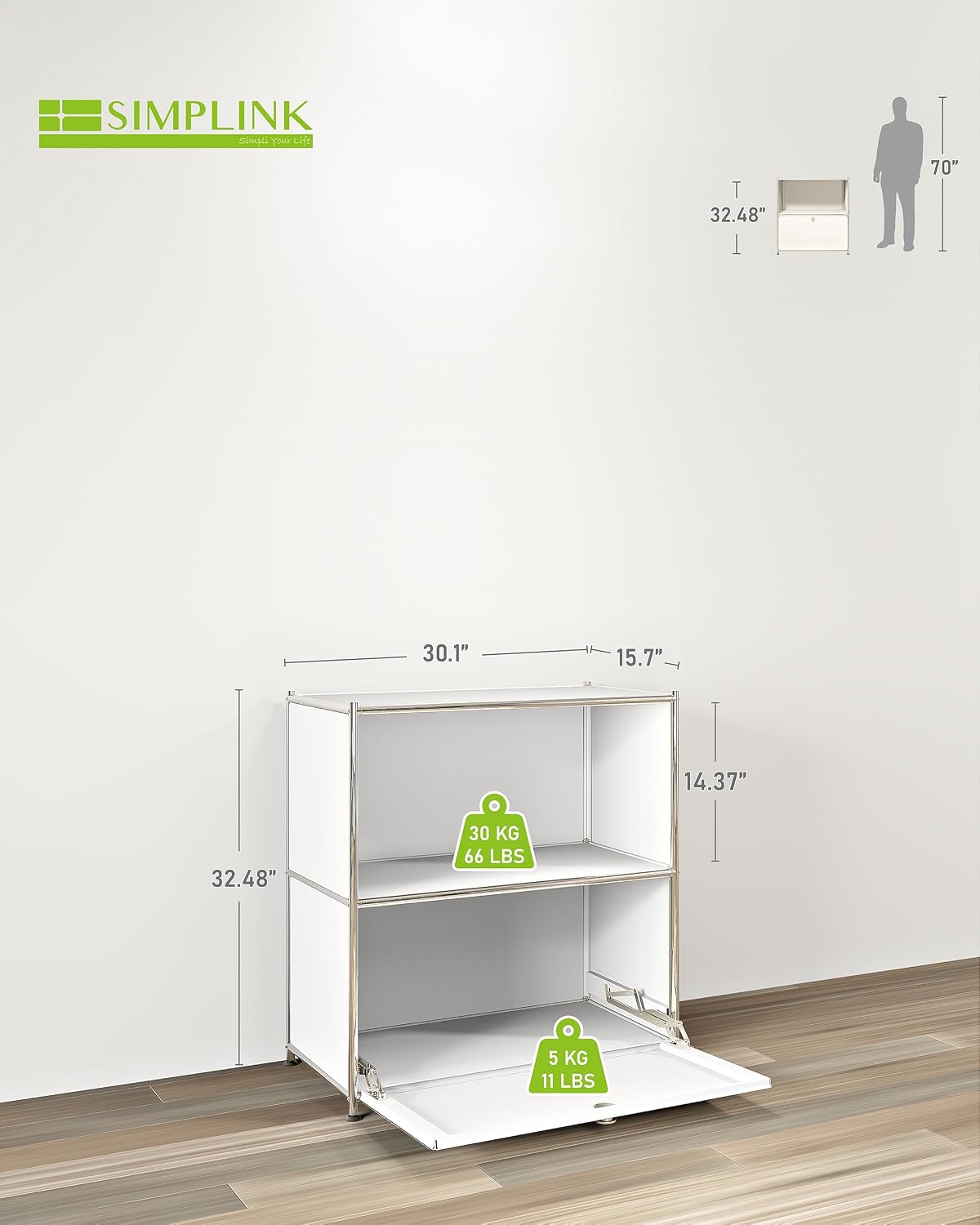 32.5-Inch Flip-Top Storage Cabinet with Detachable Wheels, Metal Side Table and Small Sideboard Cabinet for Living Room, Bedroom, Office, Matt White