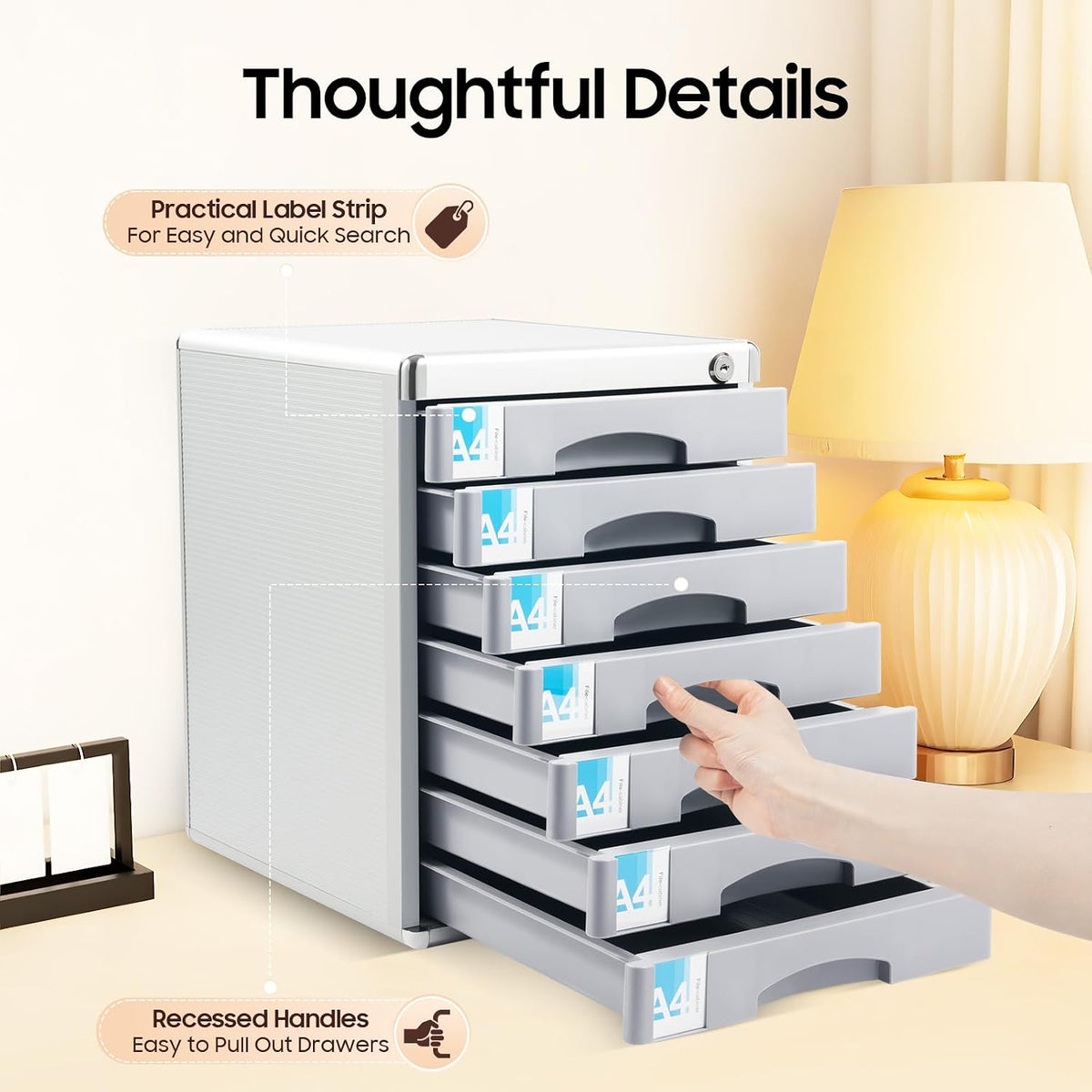 Desk Organizer with 7 Drawers, Metal Desktop Storage Cabinet File Holder with Locks and Keys, Filing Case Literature Organizer for Office Home, L11.8*D14*H16in, Silver & Grey