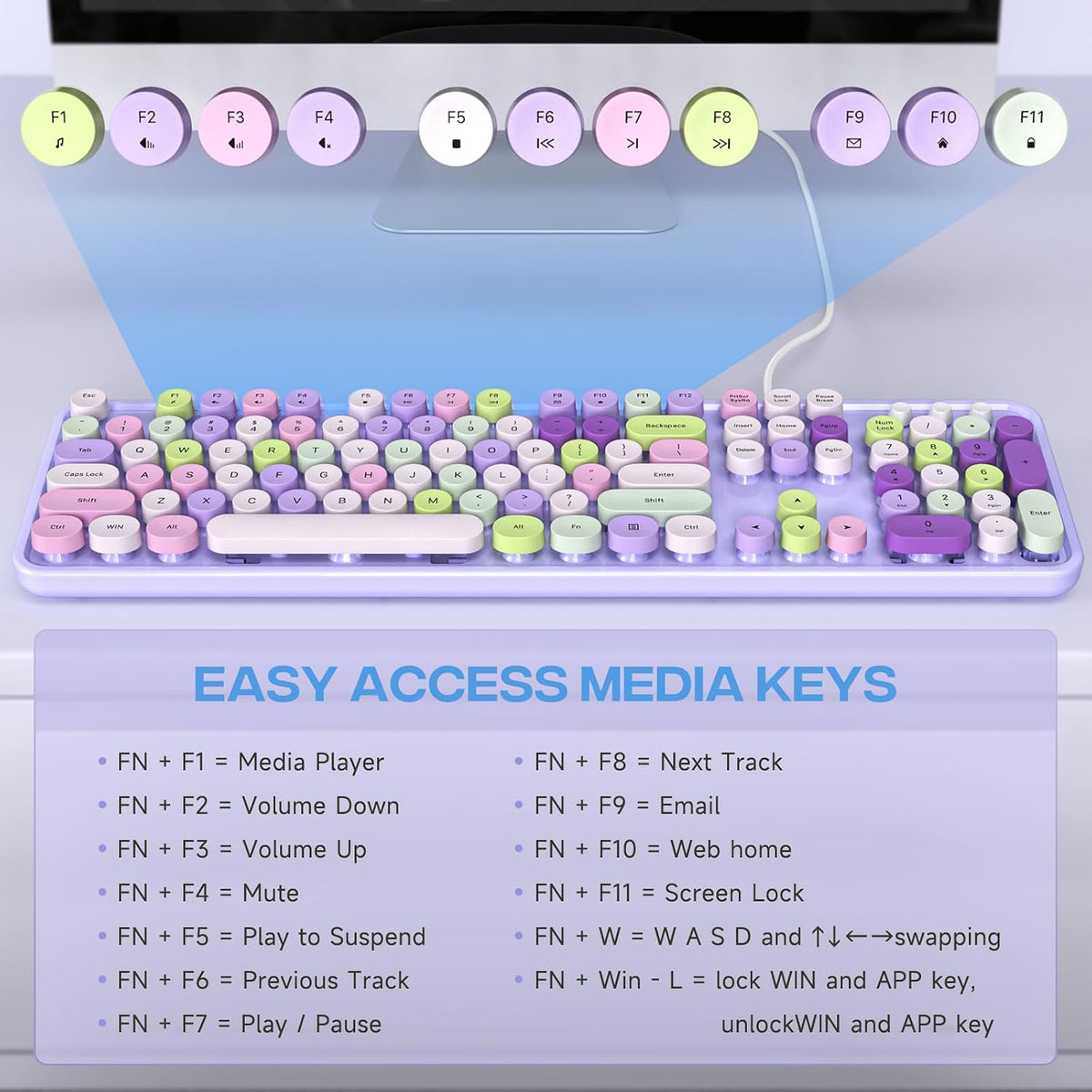 MOWUX Computer Keyboard Wired, Plug and Play USB Retro Round Typewriter Keyboard, Full Size Wired Keyboard with Foldable Stands for Laptop and Office PC- Purple Colorful