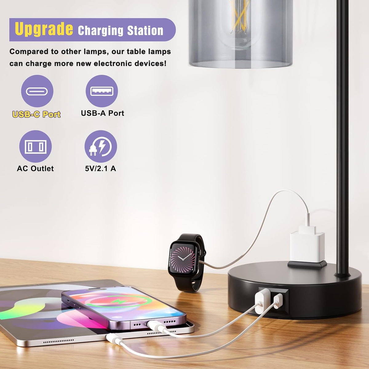 Innqoo Industrial Touch Bedroom Lamps for Bedrooms Set of 2-3-Way Dimmable Table Lamps with USB C+A Ports and Outlet, Bedside Lamps with Gray Glass Shade for Living Room, Desk Lamps for Home Office