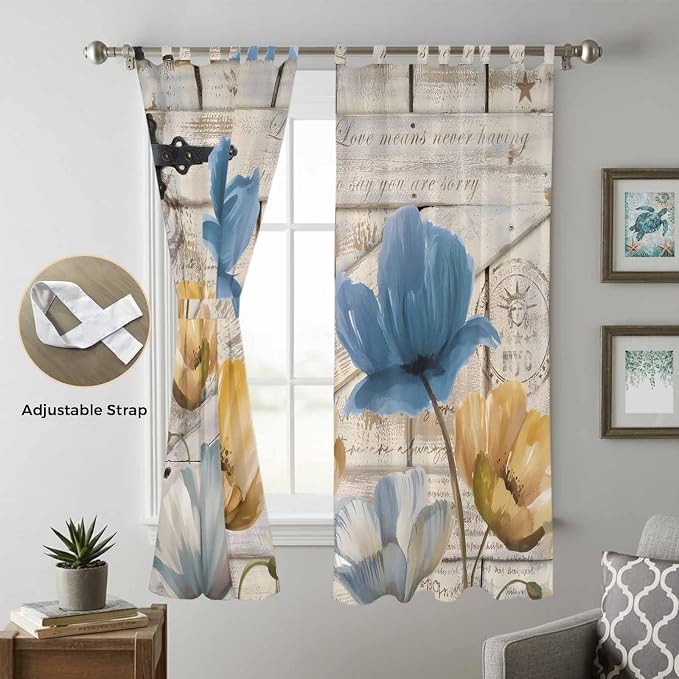 Blue Yellow Tulips Living Room Curtains 96 Inch Length, Window Curtains Tab Top