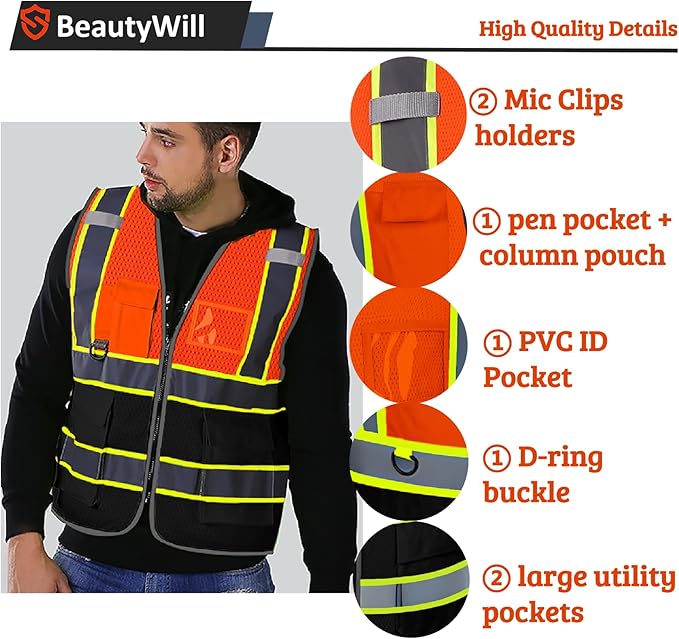 10 Pack Custom Safety Vest Customized Logo Mesh Vest Class 2 High Visibility Reflective Vest with Pockets Workwear（Orange Black，L ）