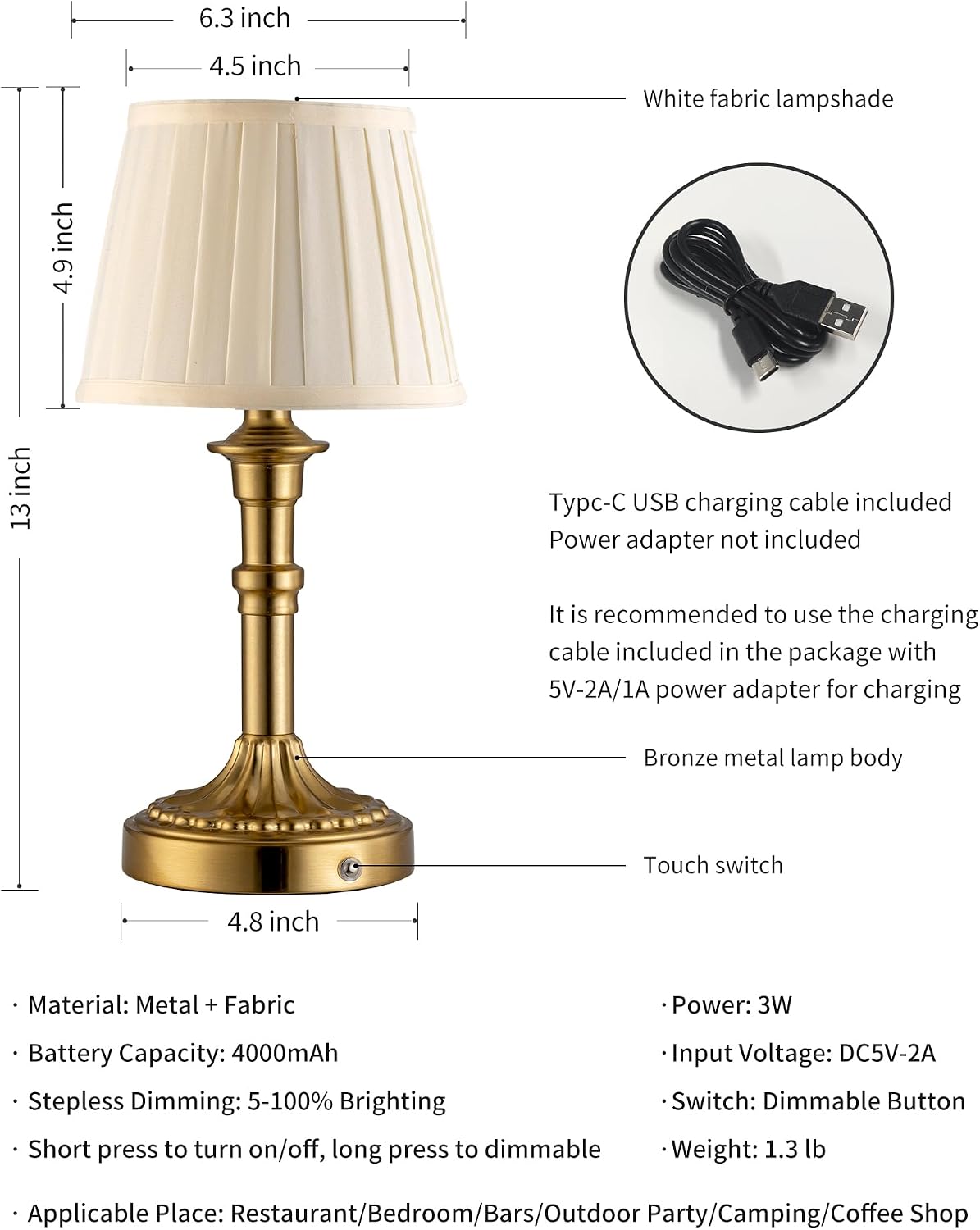 KDG Gold Cordless Table Lamps Set of 2, Beige Fabric Shade Small Desk Lamp