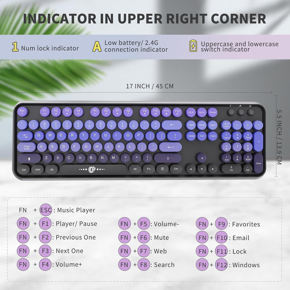 Wireless Keyboard and Mouse Combo, 2.4GHz Retro Typewriter Keyboard with Round Keycaps, Full-Size Creamy Silent Office Set for Desktop Laptop PC Computer (102 Keys Purple Black)
