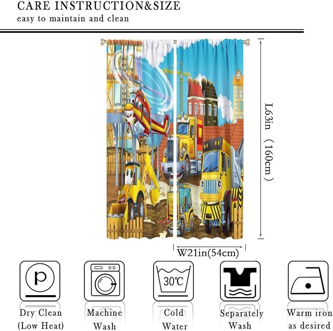 Kids Cartoon Construction Window Curtains, Funny Construction Site Cars and