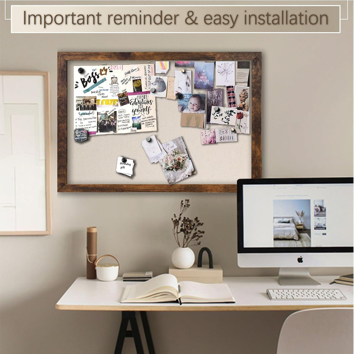 Large Magnetic Bulletin Board 36 x 24 Inch for Wall,Rustic Framed Cork Board with Linen for Home Office School,with 4 Push pins, 4 Magnets