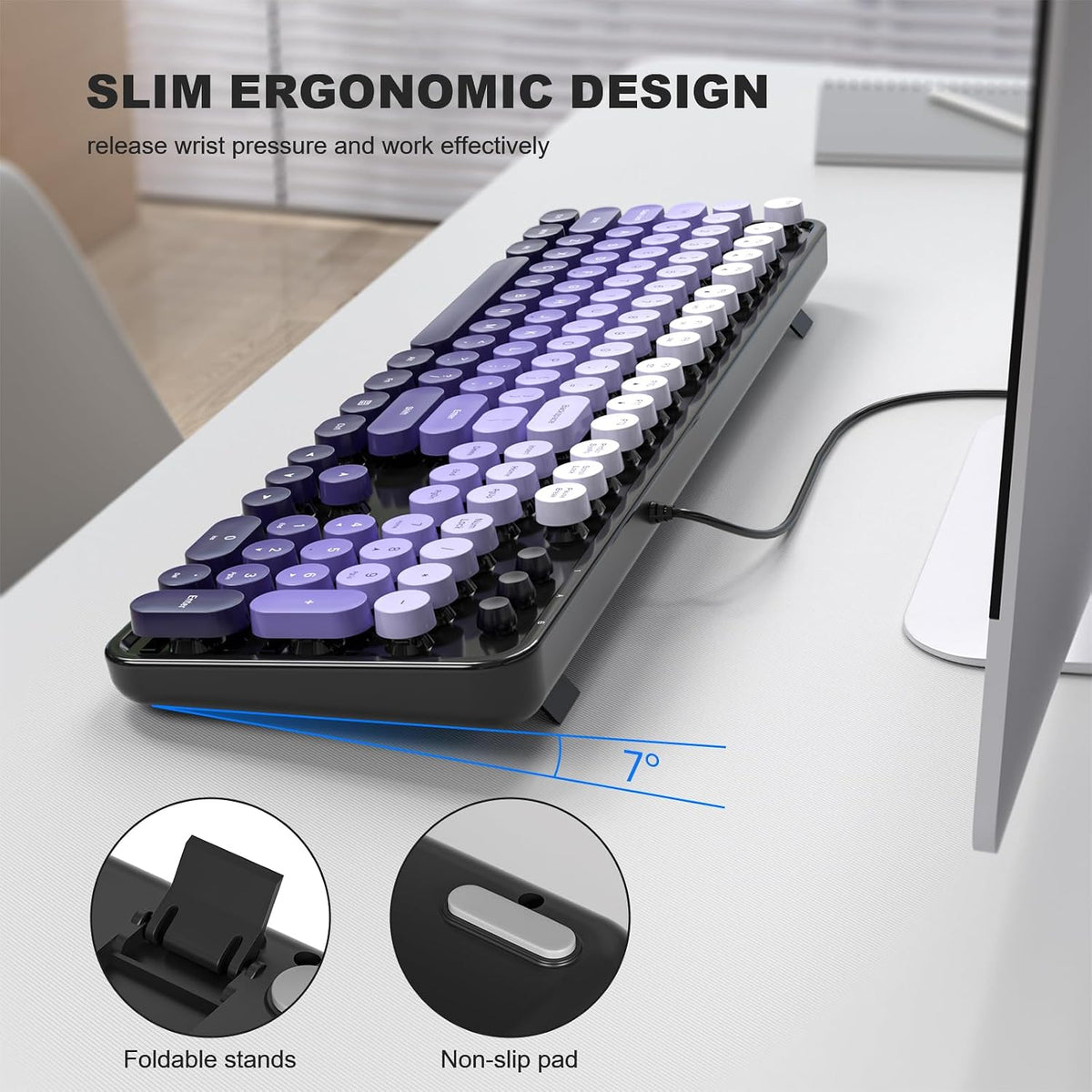 Atelus Computer Keyboard Wired, Retro USB Keyboard with Large Number Pad, Caps Indicators, Foldable Stands, Full Size Typewriter Keyboard for Windows PC Laptop (Black Purple)