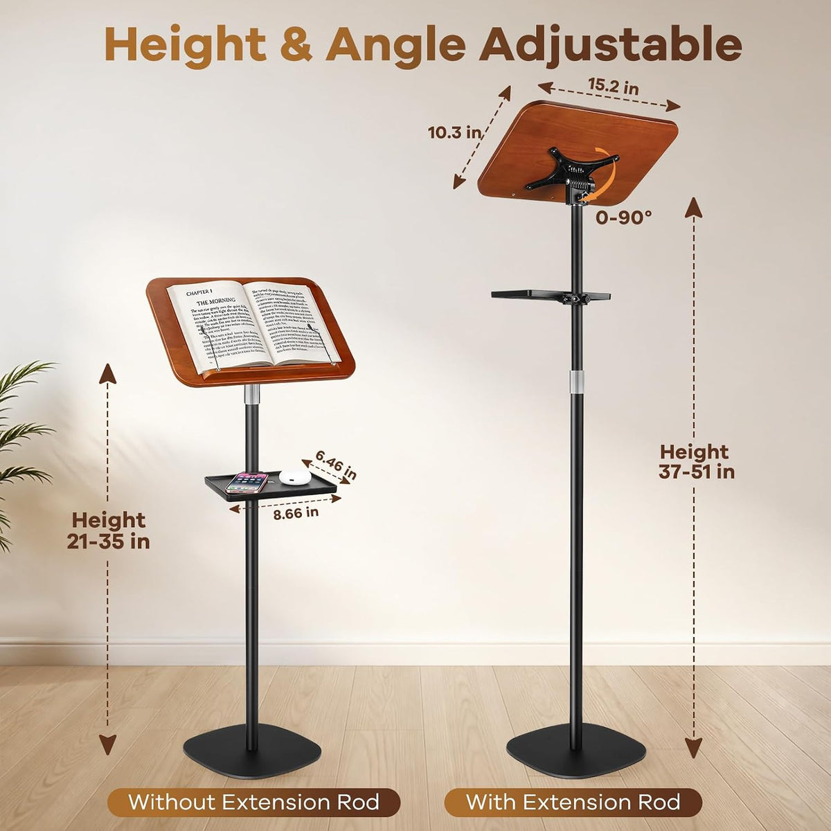 Adjustable Book Stand for Reading with Removable Tray, Solid Wood
