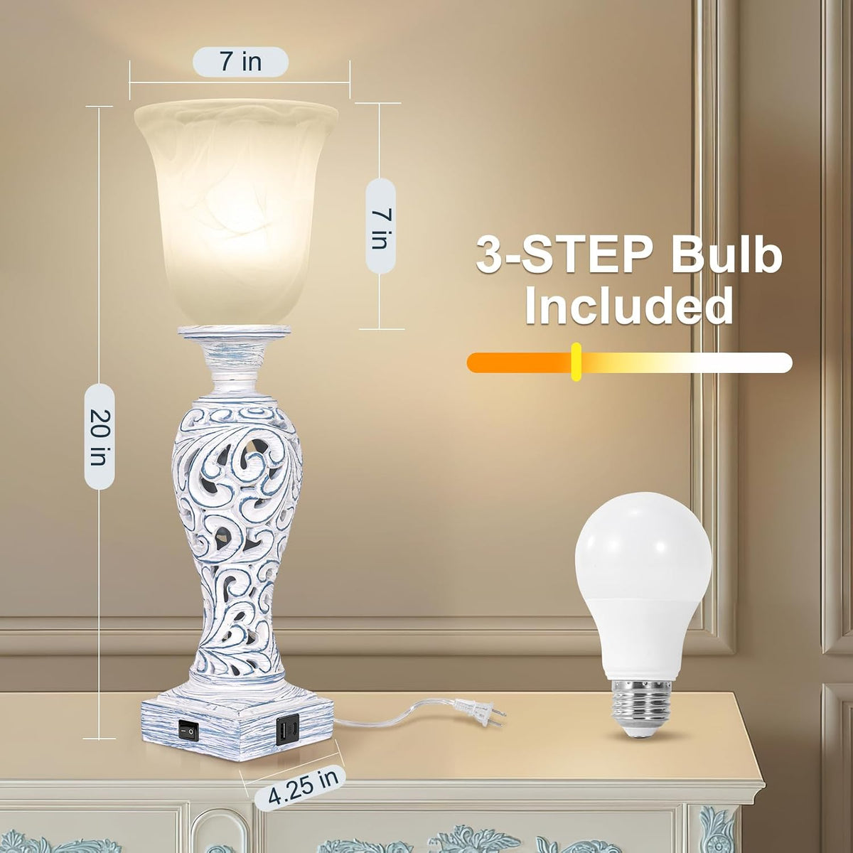 3-Way Dimmable Table Lamp with 2 USB Charging Ports, Washed Blue Finish