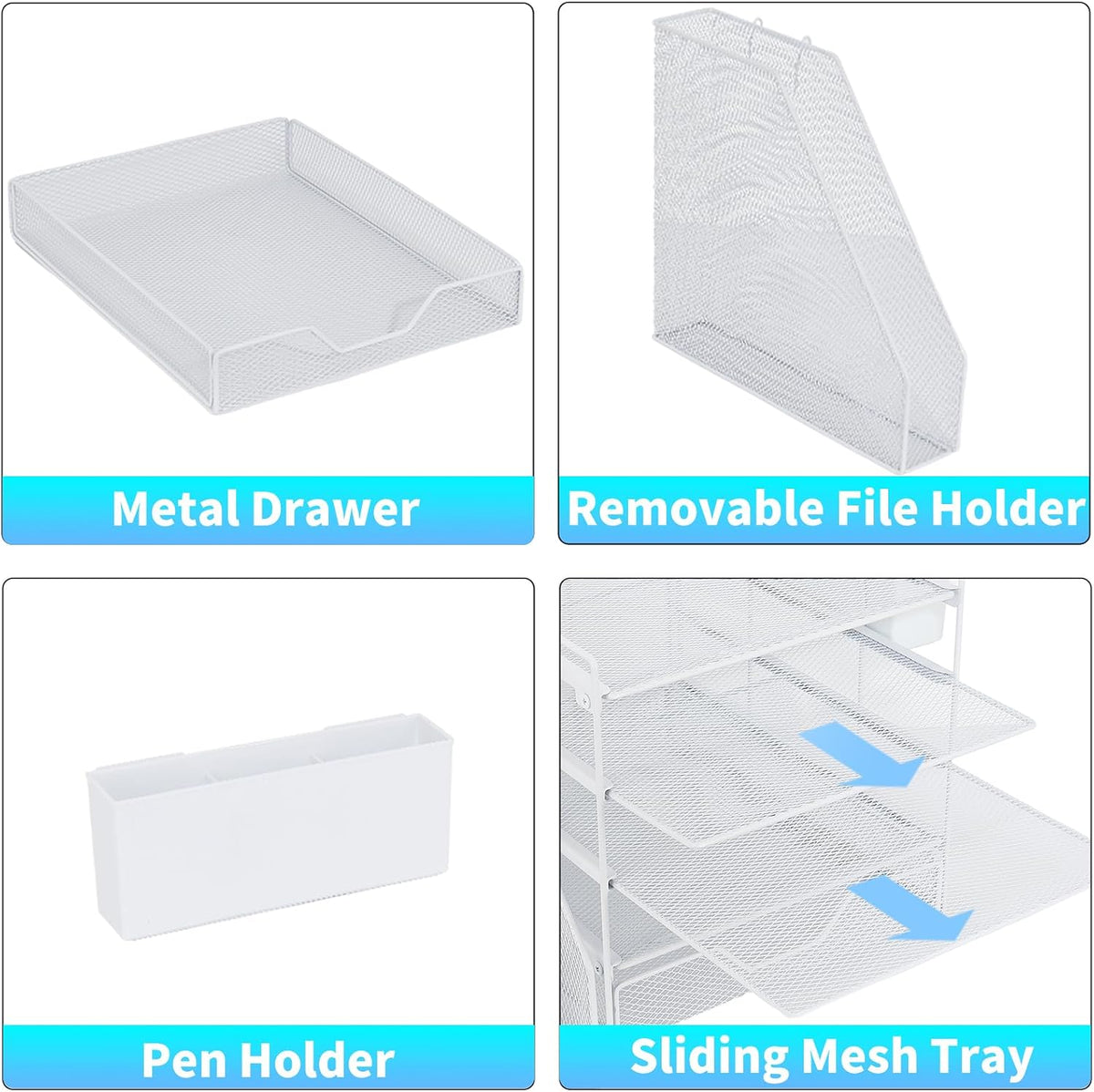 5-Tier Desk File Organizer with Drawer & Pen Holder (White)