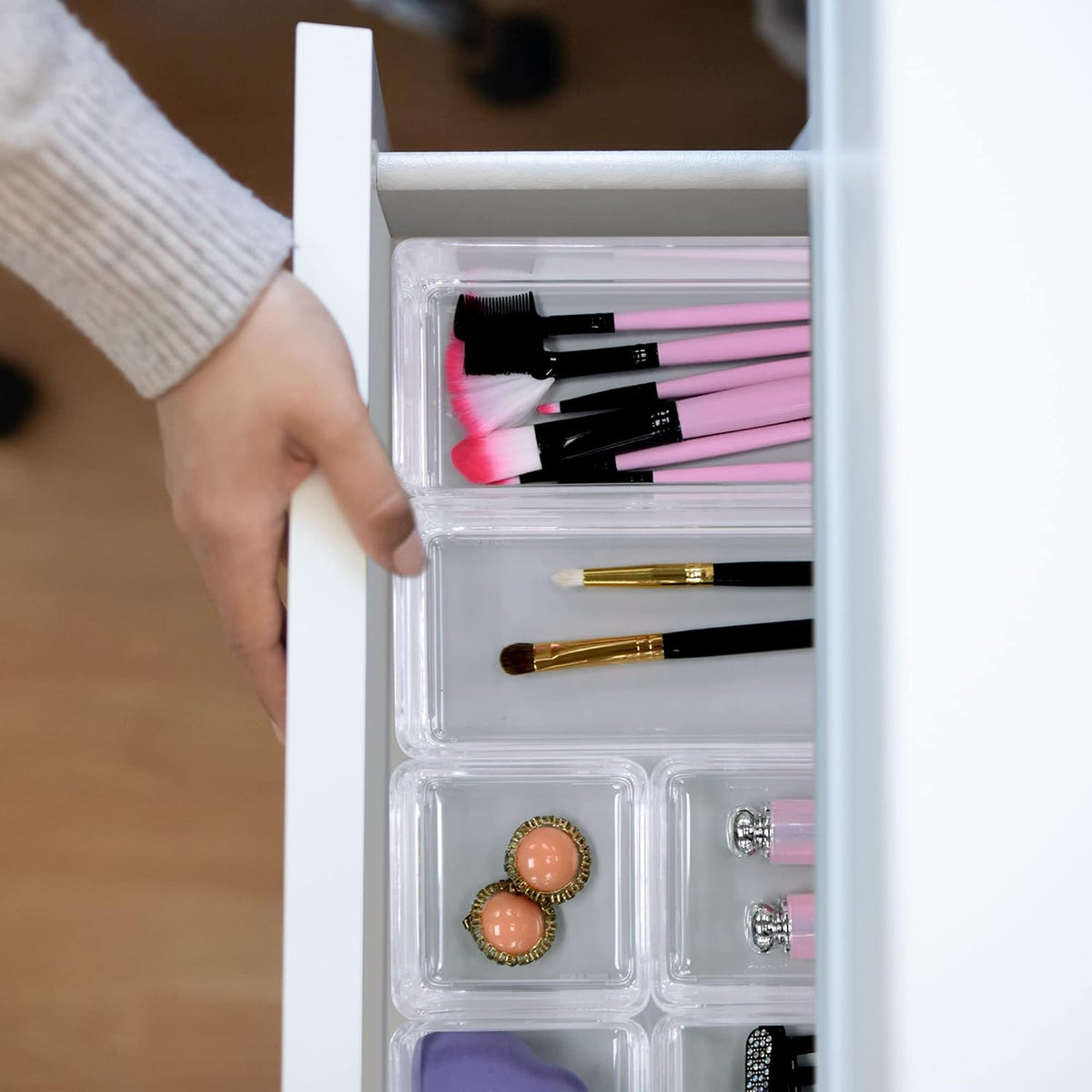 Amazing Abby - QuickSort - Plastic Stackable Organizers (10-Piece Set) for Vanity and Desk Drawer, Perfect Storage Solution for Beauty Products, Office Supplies, Decorative Items, and More