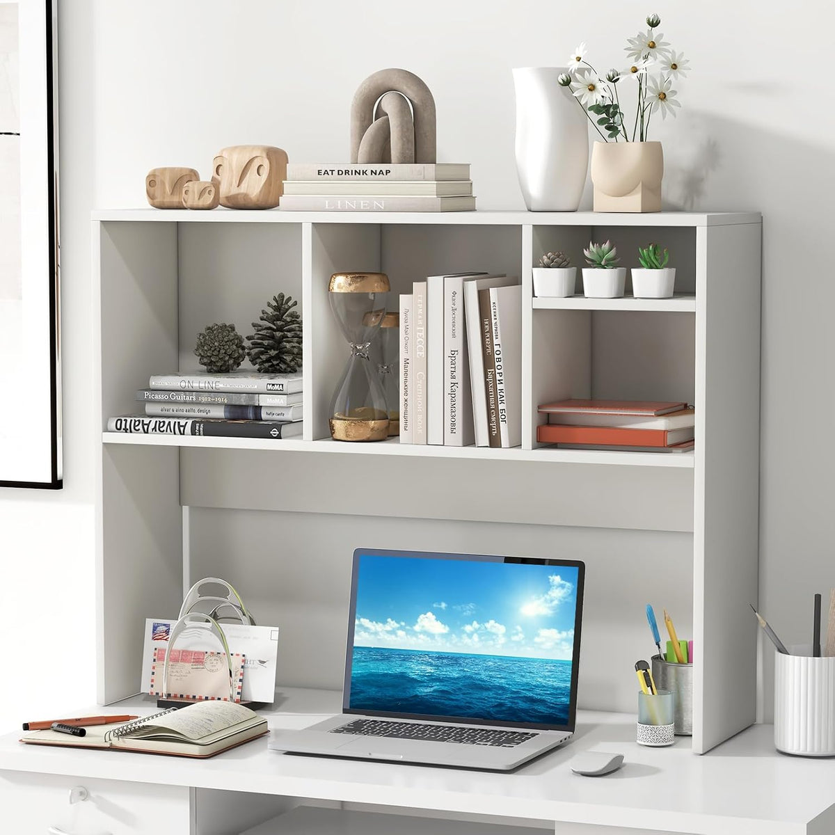 GOFLAME Desk Hutch Dorm White, 4 Cubes Desktop Bookshelf, 37” Wood Tabletop Storage Organizer Shelf for Computer Monitor, Modern Countertop Display Hutch, Home Office, Study