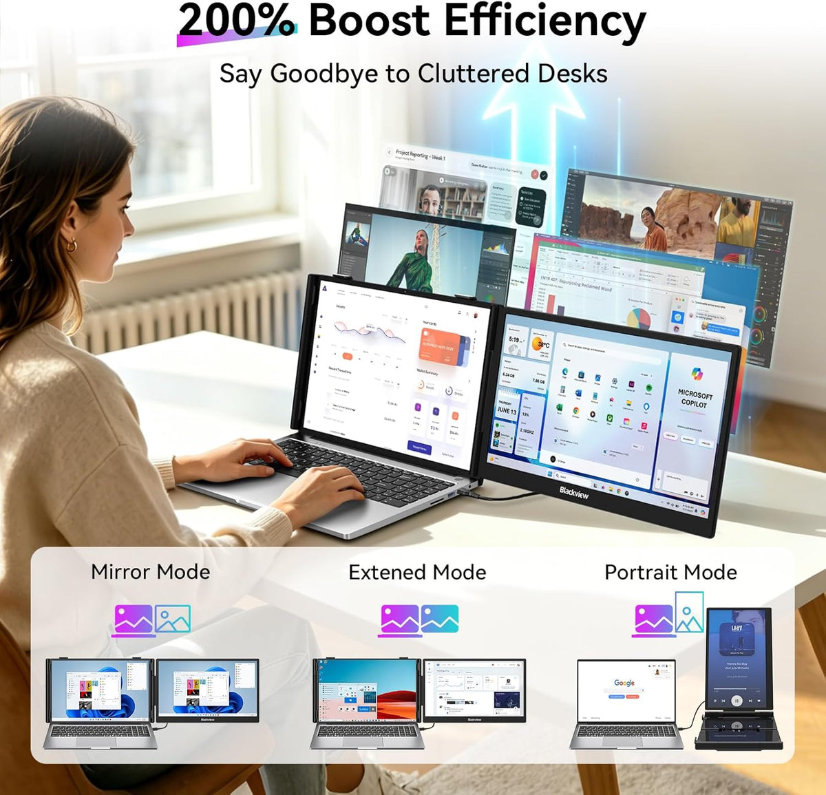 Blackview Laptop Screen Extender, 14" 1080P FHD IPS Portable Monitor, Ultra-Slim Travel Dual Monitor Fit for 13"-17.3" Laptops, USB-C Plug &Play Extended Screen for Windows/Mac/Android/Switch