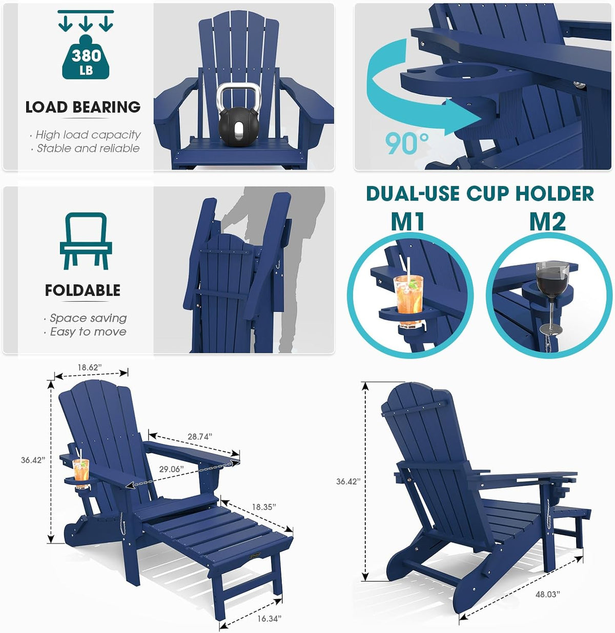 THOEOE Adirondack Chairs with Footrest, Folding HDPE Chairs Set of 2