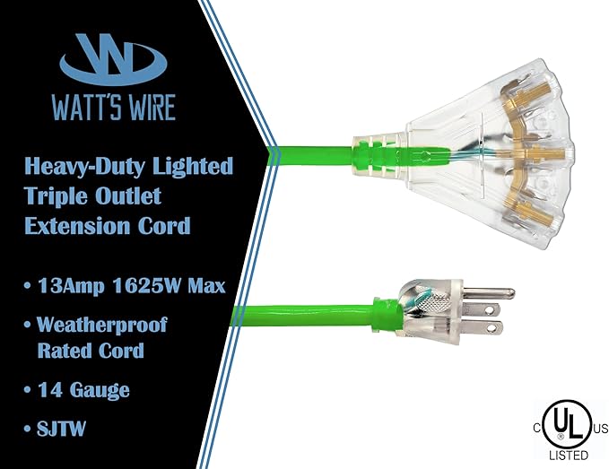 100 ft Outdoor Extension Cord Waterproof - 14 Gauge Heavy Duty Extension Cord 100 ft - Lighted Outdoor Extension Cords with Multiple Outlets - Watts Wire - 100' Grounded - extensiones electricas