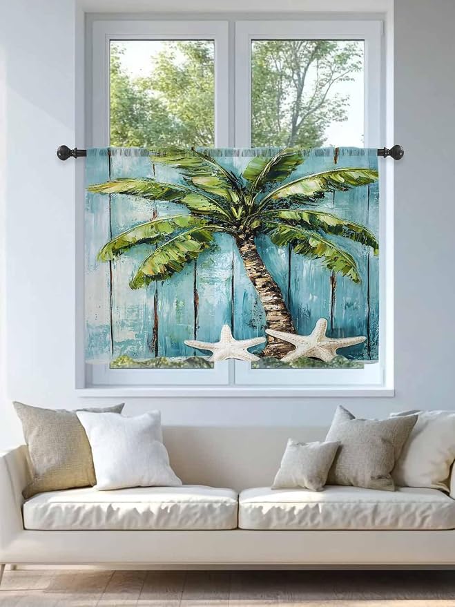 Sheer Curtains 45 Inch Length, Coastal Beach Starfish Semi Sheer Curtains Light