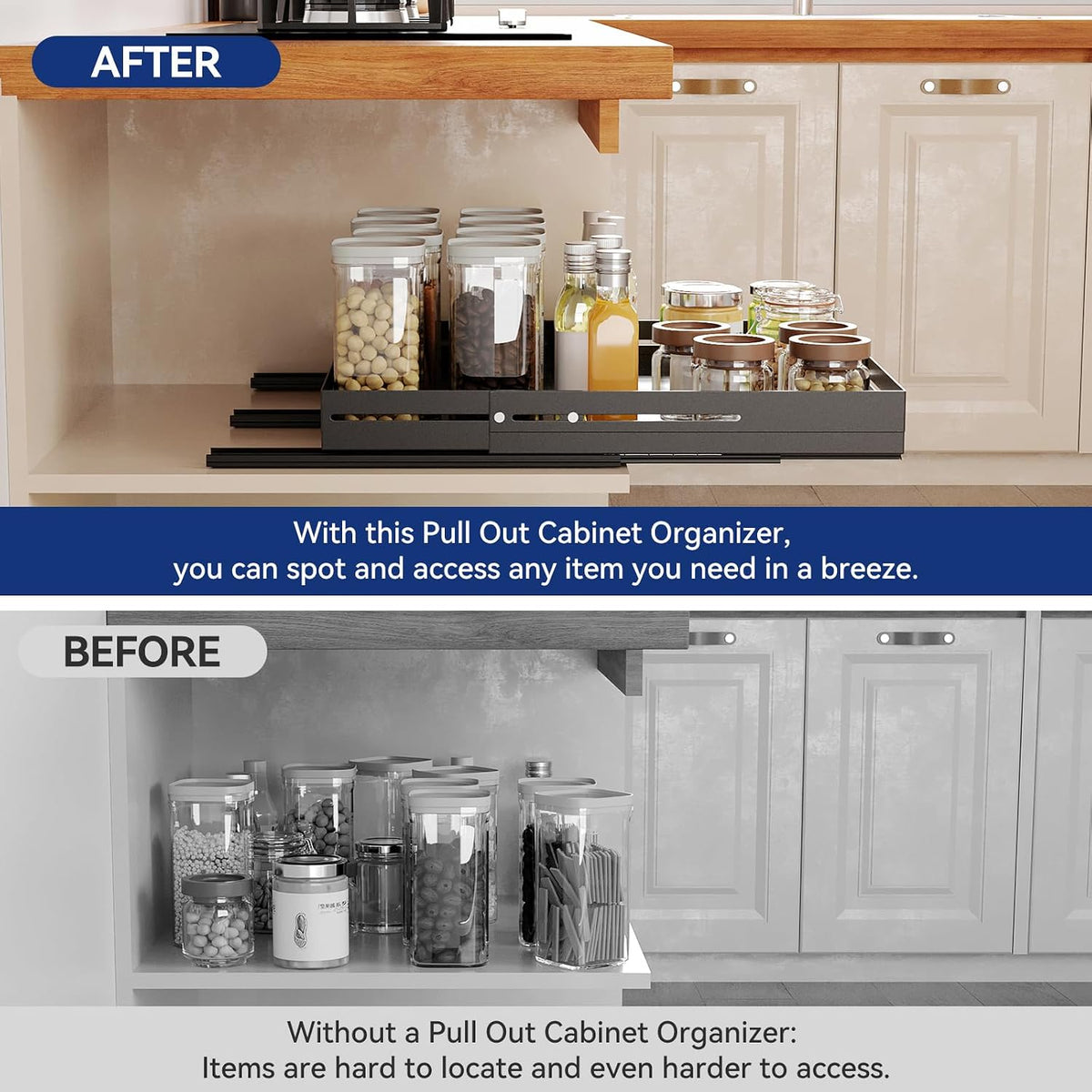 Pull out Cabinet Organizer, Full Metal Expandable Width (14.8"-20.8") & Depth (12.4"-17.7") Adjustable Slide out Drawers, No Drill Adhesive Roll out Shelves for Kitchen Pantry, Black