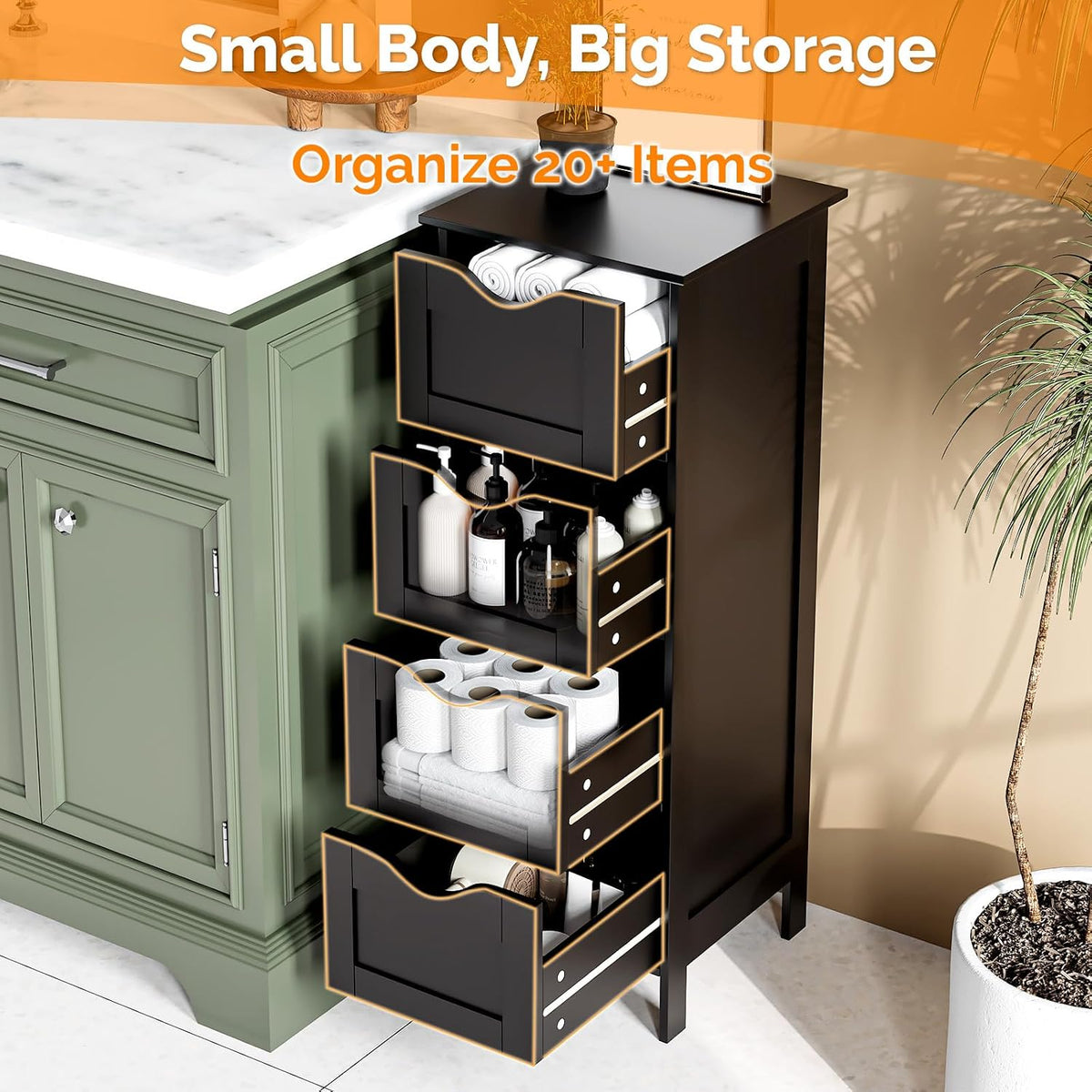 VINGLI Black Bathroom Storage Cabinet with 4 Drawers, Slim Freestanding Floor Cabinet for Small Spaces, Narrow Side Organizer Storage Unit for Restroom, Living Room & Kitchen, Farmhouse Style