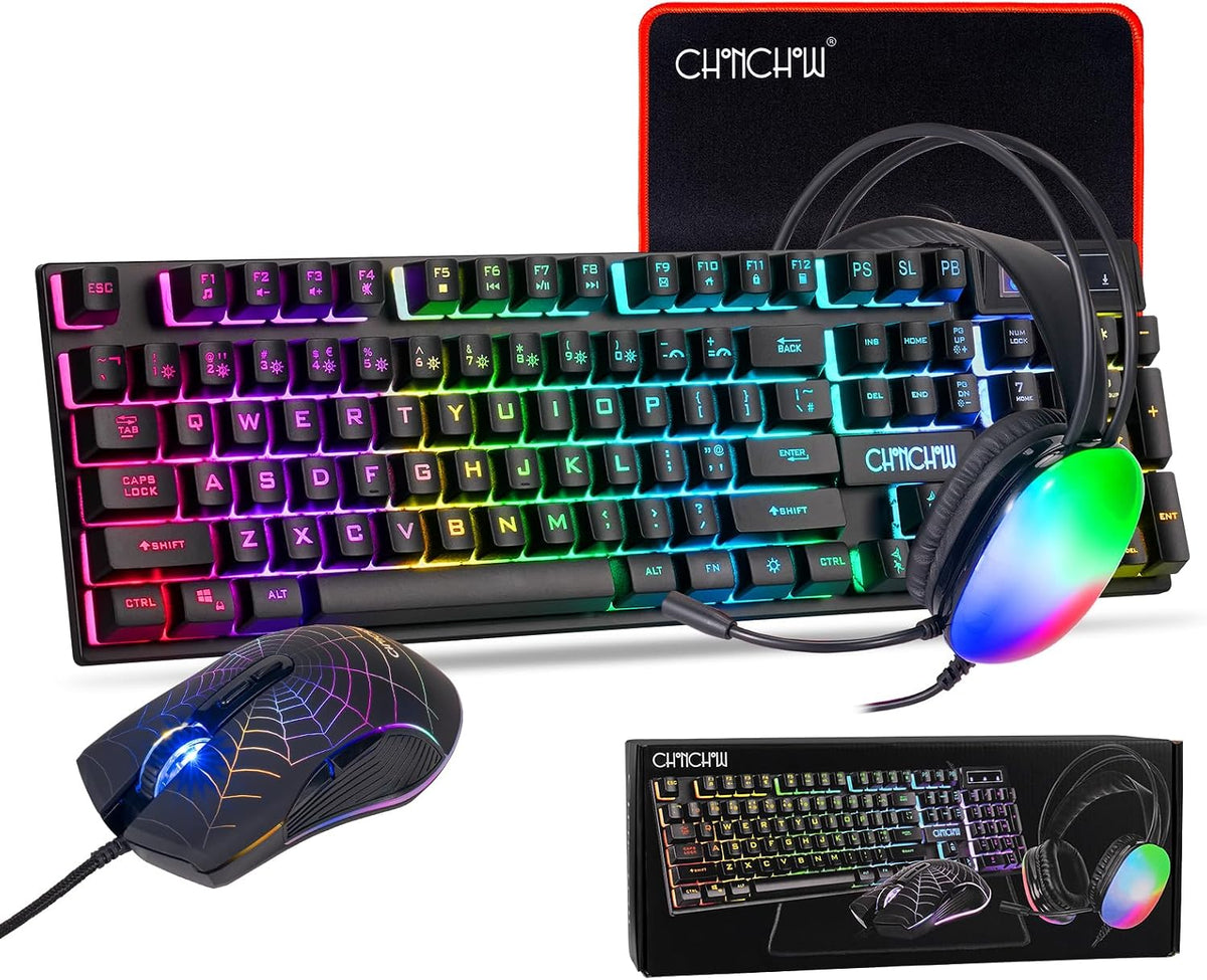 Gaming Keyboard and Mouse, Headset, Mouse Pad Combo, 10 RGB Backit Effects