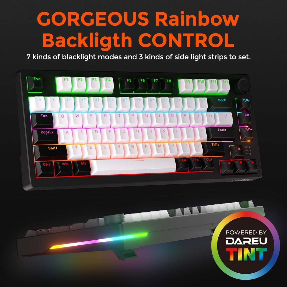 DAREU EK75 Wired Mechanical Keyboard,75% Keyboard with Volume Knob,Gasket Mount Mechanical Gaming Keyboards,81 Keys Rainbow Backlit,PBT Keycaps,Linear Dream Switch for PC Laptop Windows(Black-White)
