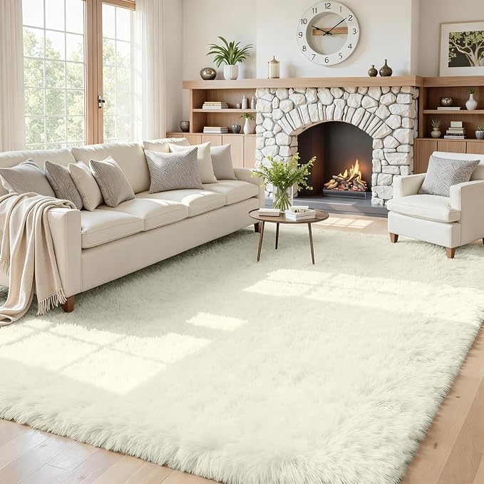 5x8 Area Rugs for Living Room: Soft Fluffy Shag Cream White Rugs for Bedroom