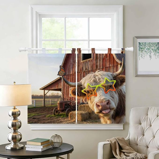Farm Yaks Kitchen Curtains 45 Inch Length, Short Cafe Window Curtains Tab Top