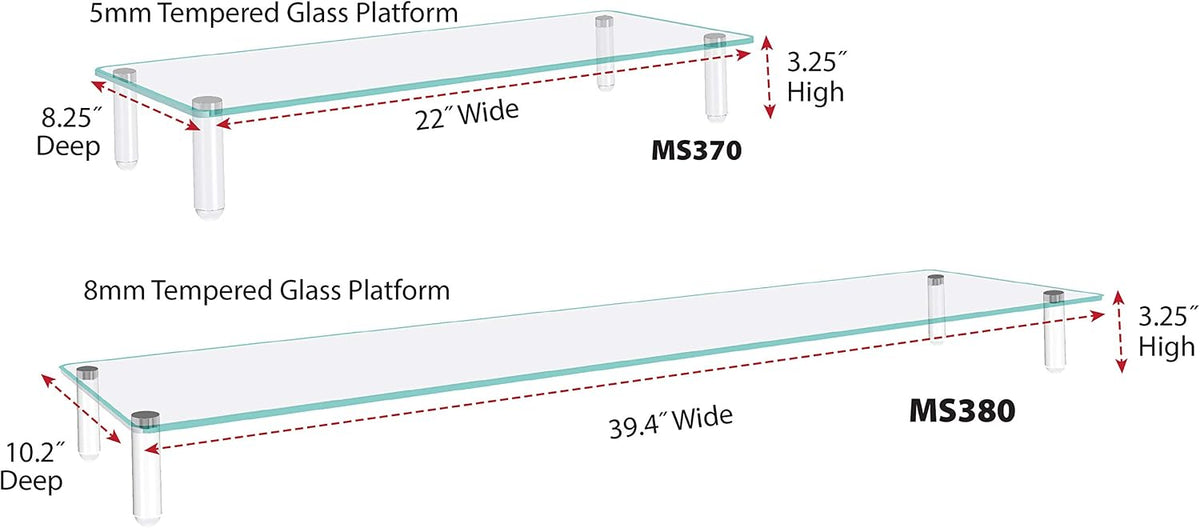 Kantek Extra-Wide Glass Monitor Riser with 8mm Tempered Glass Platform and 60-Pound Capacity, Clear Glass (MS380), 3.3" x 39.4" x 10.2"