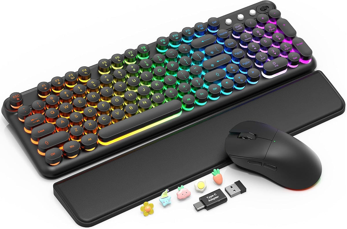 SABLUTE RGB Backlit Wireless Keyboard and Mouse Combo with Retro Round Keys
