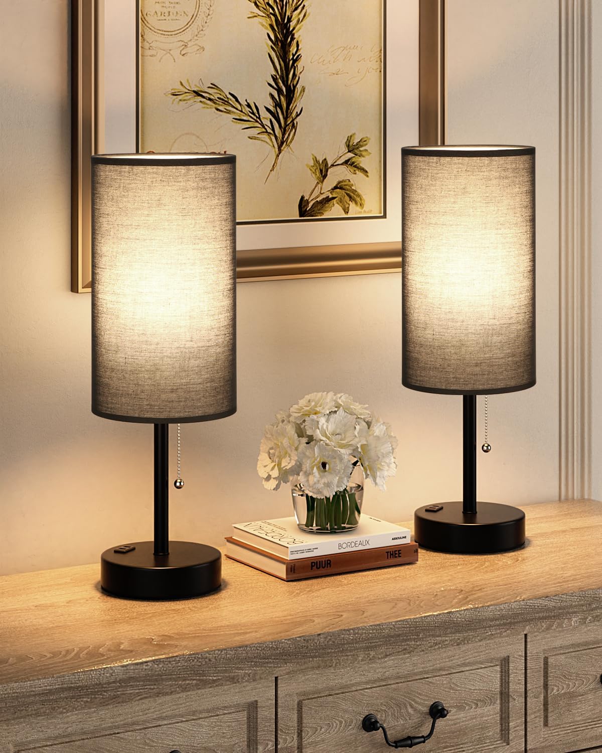 17.4" Black Bedside Table Lamps Set of 2 - Bedroom Lamp, USB C+A, AC Outlet