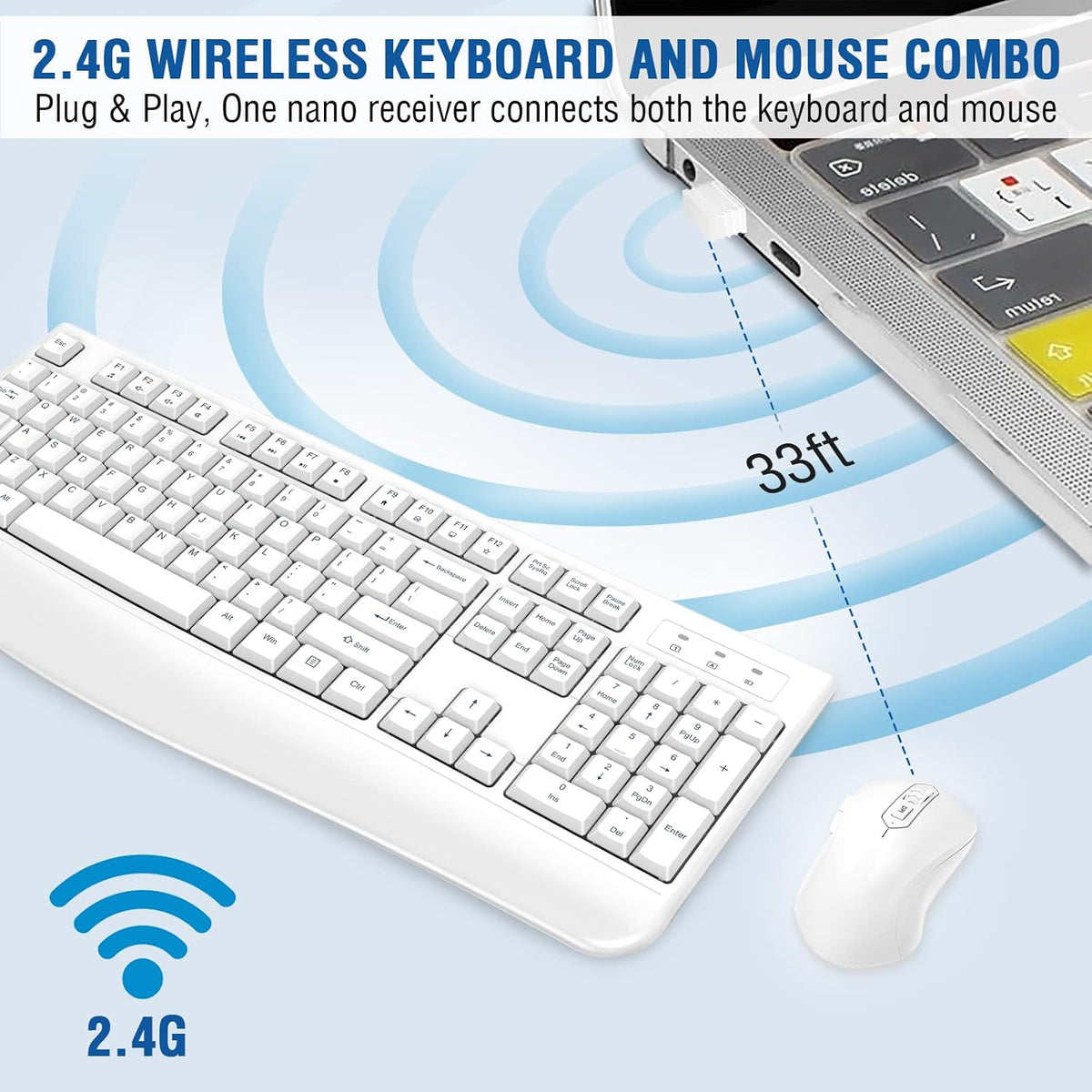 EDJO Wireless Keyboard and Mouse Combo, USB Plug & Play (White)
