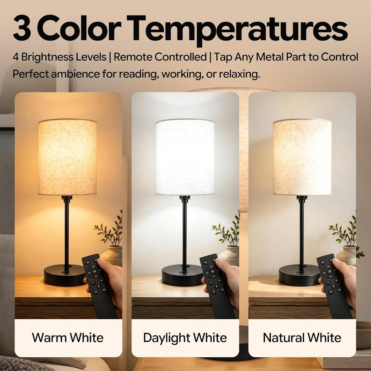 BySea Bedside Table Lamp with Clock, Remote, Touch On/Off, USB & AC Outlet