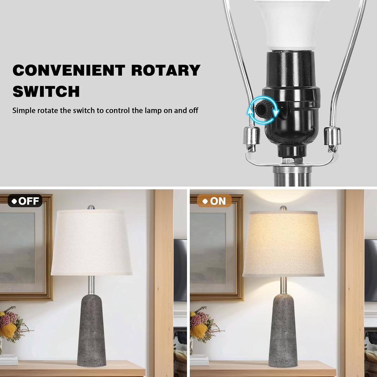 Rinweey 24" Modern Concrete Table Lamps Set of 2, Faux Stone Bedside Lamps for Bedroom, Travertine Inspired Nightstand Lamps for Living Room End Table, Gray (2 LED Bulbs Included)