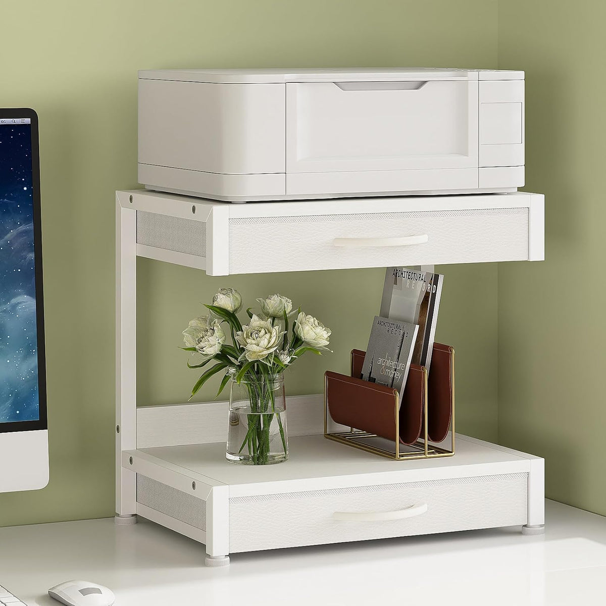 VENNQD 2-Tier Desktop Printer Stand with 2 Fabric Drawers, Prtiner Table with Storage Shelf, Desk Organizer for Home Office,3D Printer,Fax Machine,Scanner (White, 2 Tier)