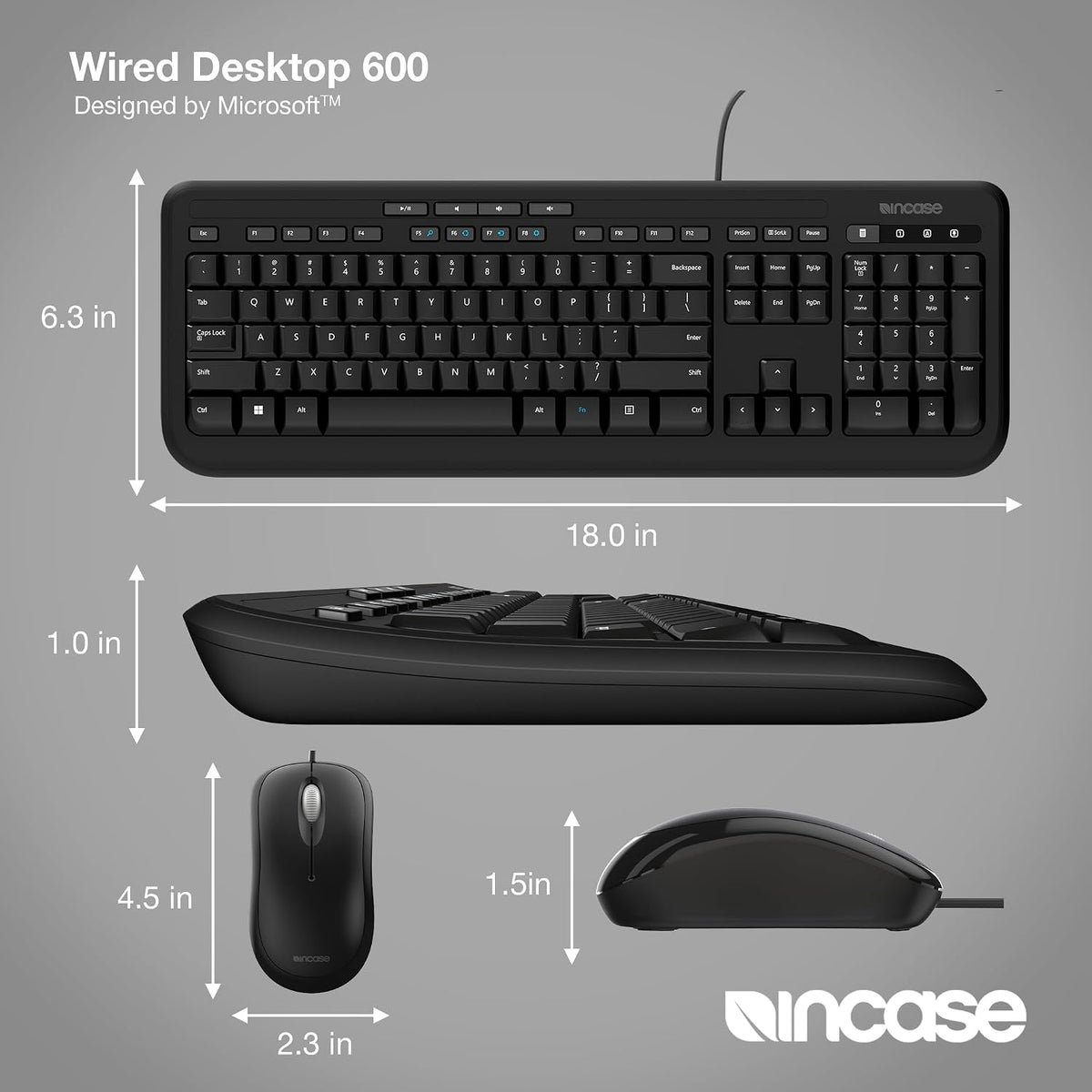 Incase Wired Desktop 600 Keyboard & Mouse Combo – Designed by Microsoft – Four Hot Keys, Spill-Resistant Keyboard, Quiet-Touch Keys, Optical Mouse, Left/Right Mouse with 800 DPI Sensor – Black